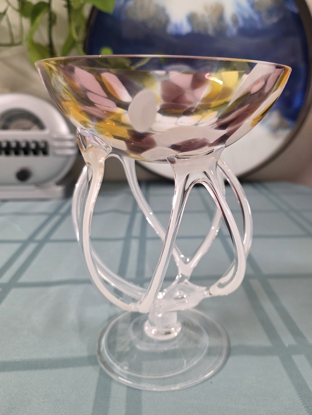 Vintage Krosno Jozefina Confetti Glass Jellyfish Vase Compote Bowl Candy Dish